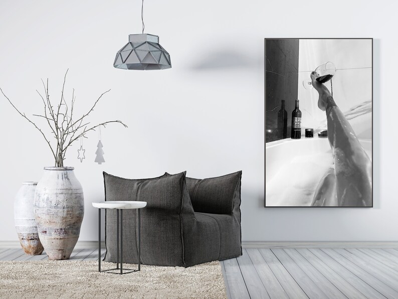 Woman Drinking Wine in Bathtub Poster, Black And White, Feminist Print, Girl Bathroom Decor, Home Bar Decor, Digital Download, Bathtub Art