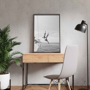 Black And White Ocean Jump Sail Boat, Yacht Wall Art, Women Jumping into Water, Wall Art, Beach Print, Summer Art, Boat Wall Art, Printable