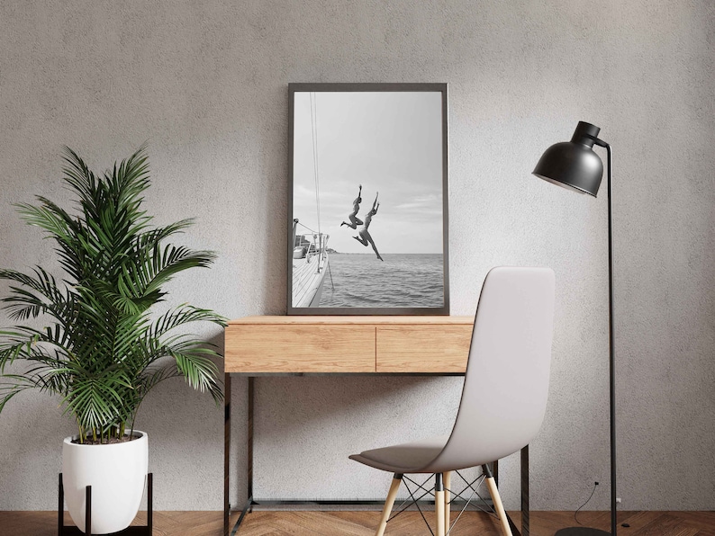 Black And White Ocean Jump Sail Boat, Yacht Wall Art, Women Jumping into Water, Wall Art, Beach Print, Summer Art, Boat Wall Art, Printable