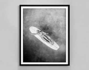 Woman On Surfboard Print, Black And White Surfboard Art, Surfer Girl Poster, Summer Wall Art, Beach House Decor, Luxury Printable Wall Art