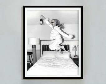 Woman Drinking Champagne in Bed Print, Black And White, Feminist Poster, Funny Bride Poster, Girl Room Decor, Digital Download, Alcohol Art