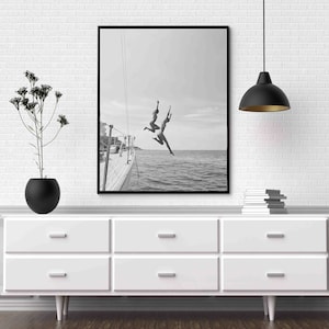 Black And White Ocean Jump Sail Boat, Yacht Wall Art, Women Jumping into Water, Wall Art, Beach Print, Summer Art, Boat Wall Art, Printable
