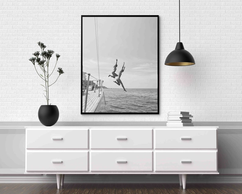 Black And White Ocean Jump Sail Boat, Yacht Wall Art, Women Jumping into Water, Wall Art, Beach Print, Summer Art, Boat Wall Art, Printable