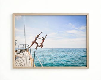 Ocean Jump Sail Boat Print, Yacht Wall Art, Women Jumping into Water, Beach House Decor, Digital Download, Summer Poster, Boat Wall Art