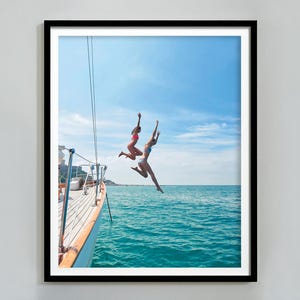 Ocean Jump Sail Boat, Yacht Wall Art, Women Jumping into Water, Wall Art, Beach Print, Summer Art, Boat Wall Art, Digital Download