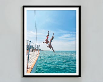 Ocean Jump Sail Boat, Yacht Wall Art, Women Jumping into Water, Wall Art, Beach Print, Summer Art, Boat Wall Art, Digital Download