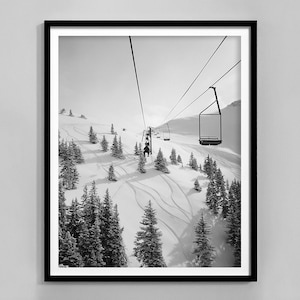 Impressão de foto de teleférico de esqui vintage, preto e branco, decoração de casa de esqui, pôster de après-ski, impressão de esqui, download digital, impressão de esqui antigo, esqui retrô