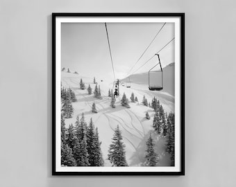 Vintage Ski Lift Photo Print, Black And White, Ski Home Decor, Apres Ski Poster, Ski Print, Digital Download, Antique Ski Print, Retro Ski