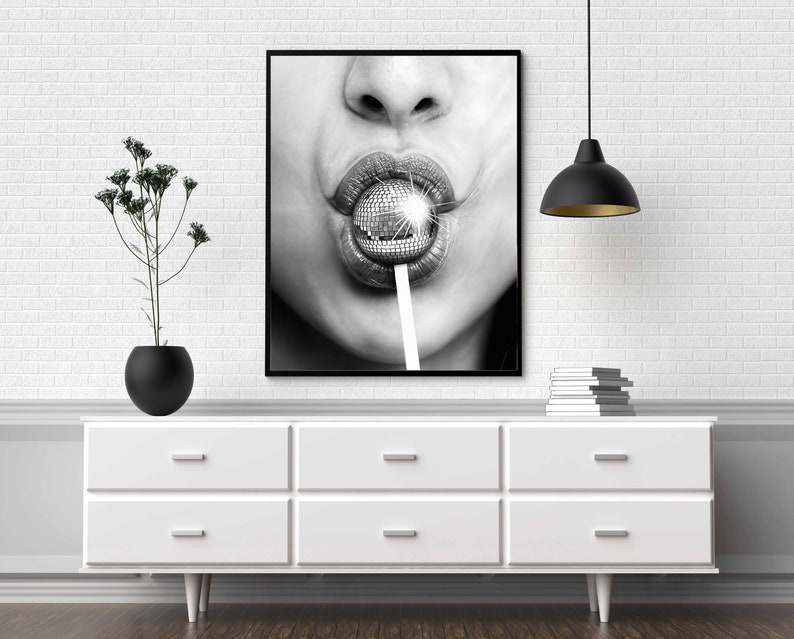 Minimalist Disco Ball Poster, Black And White, Disco Lollipop Print, Trendy Wall Art, Chic Room Decor, Wall Art Disco Ball, Digital Download
