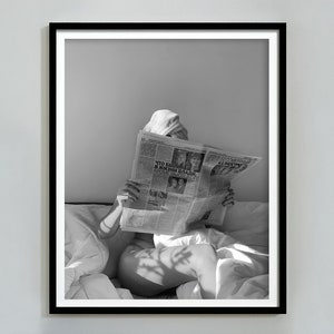 Woman Reading Newspaper in Bed Print, Black and White, Vintage Photography, Fashion Poster, Teen Girl Room Decor, Printable Bedroom Wall Art