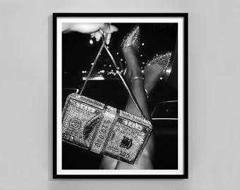 Impressão de moda de luxo, preto e branco, pôster de alta costura, estampa de salto alto, fotografia de moda, arte de parede elegante, download digital para fãs de moda.