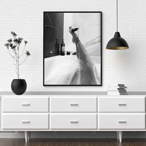 Woman Drinking Wine in Bathtub Poster, Black And White, Feminist Print, Girl Bathroom Decor, Home Bar Decor, Digital Download, Bathtub Art