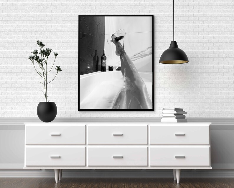 Woman Drinking Wine in Bathtub Poster, Black And White, Feminist Print, Girl Bathroom Decor, Home Bar Decor, Digital Download, Bathtub Art