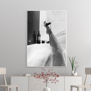 Woman Drinking Wine in Bathtub Poster, Black And White, Feminist Print, Girl Bathroom Decor, Home Bar Decor, Digital Download, Bathtub Art