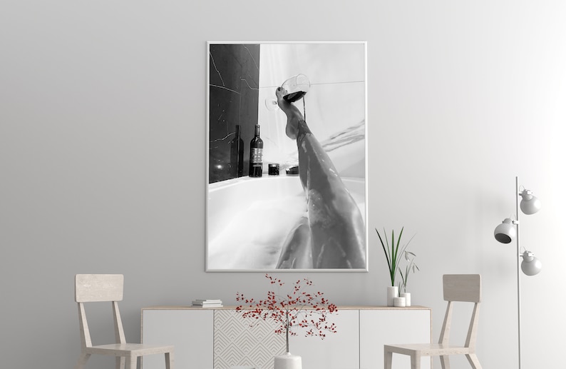 Woman Drinking Wine in Bathtub Poster, Black And White, Feminist Print, Girl Bathroom Decor, Home Bar Decor, Digital Download, Bathtub Art