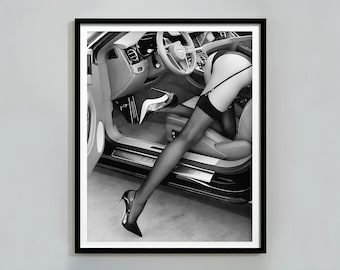 High Heels In Classic Car Poster, Black and White, Feminist Poster, Vintage Photo, Fashion Photography, Girl Room Decor, Printable Wall Art