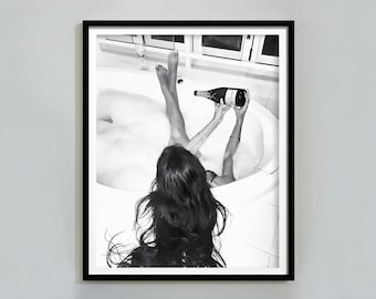 Feminist Poster, Woman Drinking Wine in Bathtub Print, Black and White, Bathroom Wall Art, Girls Bathroom Decor, Wine Poster, Bathtub Poster