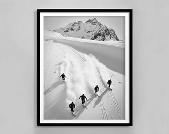 Retro Skiing Poster, Black And White, Vintage Ski Print, Ski Lodge Decor, Printable Winter Wall Art, Ski Wall Art, Digital Download