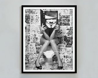 Girl On Toilet Print, Black And White, Bathroom Wall Art, Feminist Poster, Chic Wall Art, Digital Download, Girl bathroom Decor, Printable