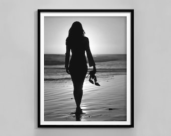 Woman at the Beach Print, Black and White, Luxury Fashion Poster, Bathroom Wall Art, Chic Room Decor, Digital Download, Beach Photography