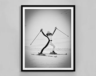 Vintage Ski Poster, Black And White, Snowboard Print, Teen Girl Room Decor, Ski Lodge Decor, Digital Download, Retro Skiing Print, Feminist
