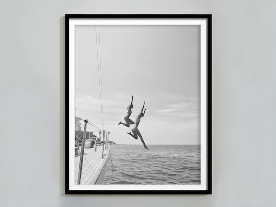 Black And White Ocean Jump Sail Boat, Yacht Wall Art, Women Jumping into Water, Wall Art, Beach Print, Summer Art, Boat Wall Art, Printable