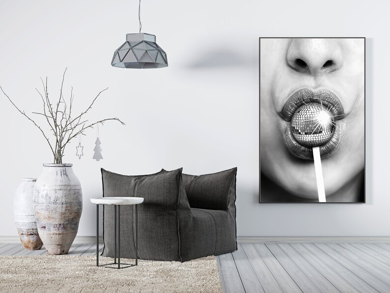 Minimalist Disco Ball Poster, Black And White, Disco Lollipop Print, Trendy Wall Art, Chic Room Decor, Wall Art Disco Ball, Digital Download