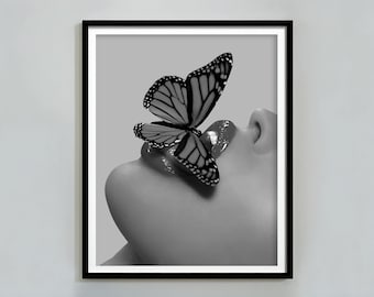 Butterfly on Lips Poster, Fashion Print, Black and White Wall Art, Luxury Print, Girly Dorm Room Decor, Feminist Wall Art, Digital Download