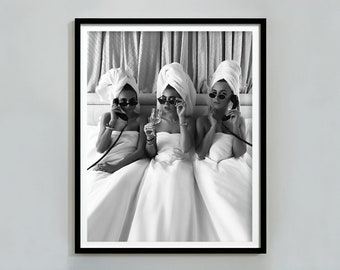 Women Drinking Wine in Bed Print, Feminist Poster, Black and White Wall Art, Luxury Fashion Poster, Bar Cart Print, Maximalist Room Decor