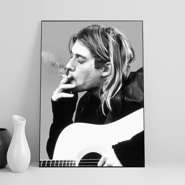 Cartel de fumar de Kurt Cobain, blanco y negro, impresión de Kurt Cobain, decoración de música vintage, descarga digital, arte de pared de Kurt Cobain, cartel de Nirvana
