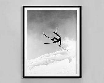 Vintage Ski Jumper Print, Black And White, Retro Skiing Print, Digital Download, Winter Wall Art, Vintage Ski Photo Print, Ski Lodge Decor
