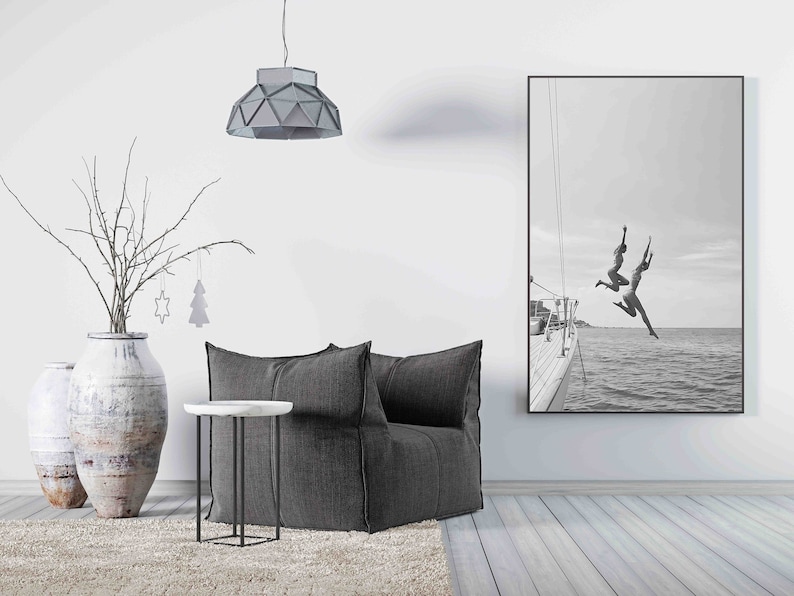 Black And White Ocean Jump Sail Boat, Yacht Wall Art, Women Jumping into Water, Wall Art, Beach Print, Summer Art, Boat Wall Art, Printable