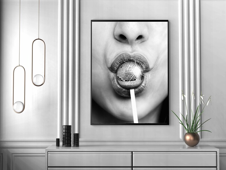 Minimalist Disco Ball Poster, Black And White, Disco Lollipop Print, Trendy Wall Art, Chic Room Decor, Wall Art Disco Ball, Digital Download