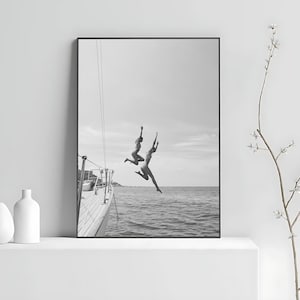 Black And White Ocean Jump Sail Boat, Yacht Wall Art, Women Jumping into Water, Wall Art, Beach Print, Summer Art, Boat Wall Art, Printable