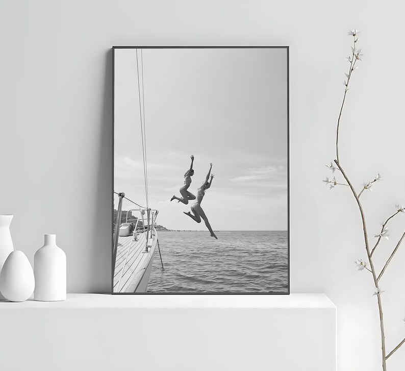 Black And White Ocean Jump Sail Boat, Yacht Wall Art, Women Jumping into Water, Wall Art, Beach Print, Summer Art, Boat Wall Art, Printable