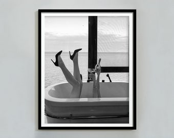 Woman Drinking Martini in Bathtub Poster, Black And White, Feminist Print, Girl Bathroom Decor, Digital Download, Martini Print, Bathtub Art