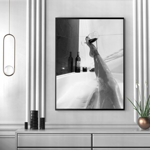 Woman Drinking Wine in Bathtub Poster, Black And White, Feminist Print, Girl Bathroom Decor, Home Bar Decor, Digital Download, Bathtub Art