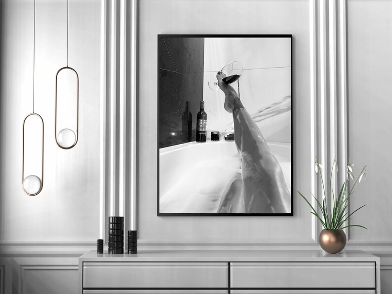 Woman Drinking Wine in Bathtub Poster, Black And White, Feminist Print, Girl Bathroom Decor, Home Bar Decor, Digital Download, Bathtub Art
