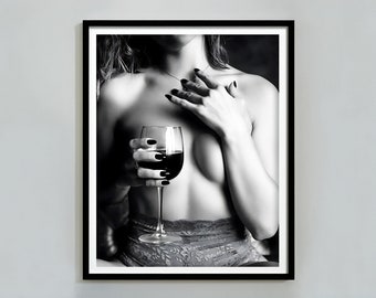 Woman Drinking Wine Poster, Black And White, Feminist Print, Girl Room Decor, Home Bar Decor, Bathroom Printable Wall Art, Feminist Poster