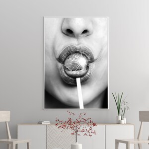 Minimalist Disco Ball Poster, Black And White, Disco Lollipop Print, Trendy Wall Art, Chic Room Decor, Wall Art Disco Ball, Digital Download