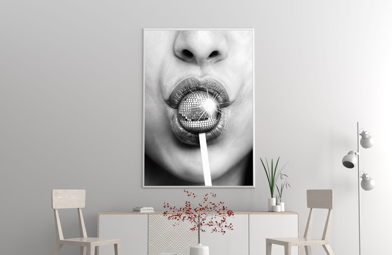 Minimalist Disco Ball Poster, Black And White, Disco Lollipop Print, Trendy Wall Art, Chic Room Decor, Wall Art Disco Ball, Digital Download