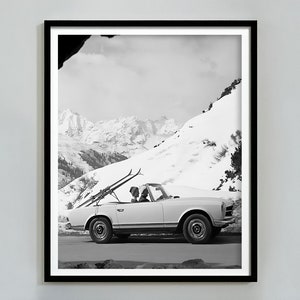 Impresión fotográfica de esquí vintage, blanco y negro, póster de esquí, arte mural de montaña nevada, decoración de pared de esquí, descarga digital, arte imprimible, coche antiguo