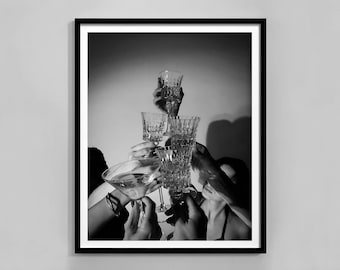 Black And White Cheers Print, Bar Cart Poster, Champagne Poster, Cocktail Wall Art, Trendy Prints, Vintage Photo, Printable Hypebeast Decor