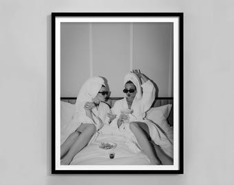 Woman Drinking Martini In Bed Print, Black And White, Bar Cart Wall Art, Feminist Poster, Alcohol Poster, Fashion Photography, Printable Art