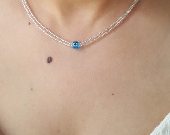 Boze oog ketting, gelaagde ketting, boze oog kralen ketting, sierlijke kralen ketting, kleine kralen ketting, beschermende ketting, multi charme