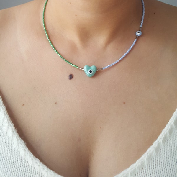 Water Green Evil Eye Heart Necklace, Blue Green Bead Necklace, Tiny Seed Bead Necklace, Cute Necklace, Evil Eye Bead Necklace, Y2K Necklace