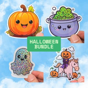 Kawaii Halloween Sticker Bundle: Glittery Ghost, Cauldron, Horseman (4-Pack)