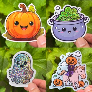 Cute kawaii Halloween Sticker Bundle Pack of 4 Vinyl : Pumpkin, Cute Cauldron, Headless Horseman and cute Ghost
