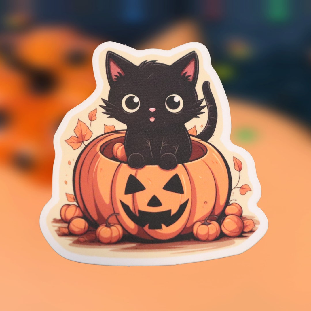 Cute Halloween Lucky Black Cat Sticker | Cat in Jack-o-lantern| Cat in ...