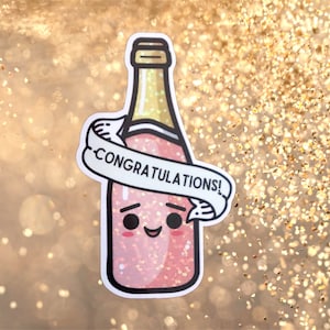 Glitter Congratulations Champagne Bottle Sticker: Pink Glossy Vinyl